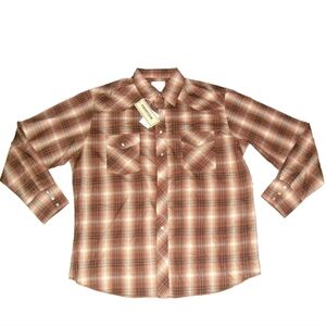 Frontier 90s Vintage Mens Pearl Buttons Plaid Brown Long Sleeve Shirt sz. XL New